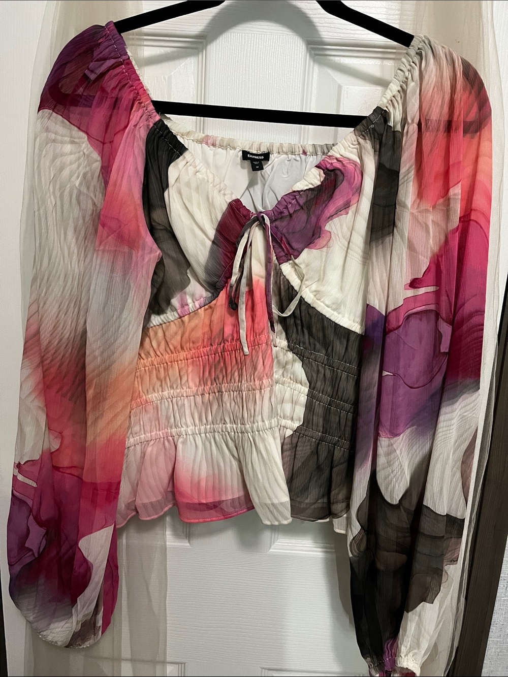 Express Pink Cream and Black Floral Peasant Top